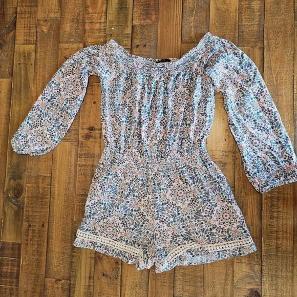 Jessica Simpson Floral Off-Shoulder Romper - Blue and Pink - Picture 2 of 9